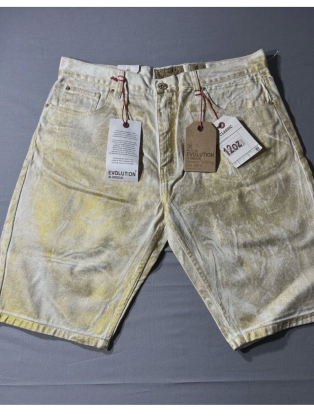 Evolution Denim Apparel Classic 12oz Denim Shorts Waist 40 Yellow Splatter  sbdu